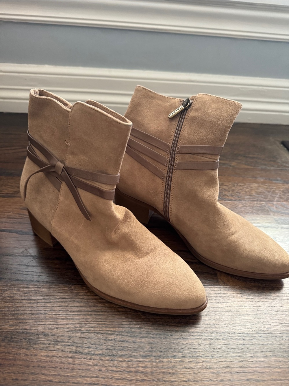 Waterproof 💦💦☂️☂️Italeau Suede Ankle Boots with Side Zip and Wrap Detail - Tan